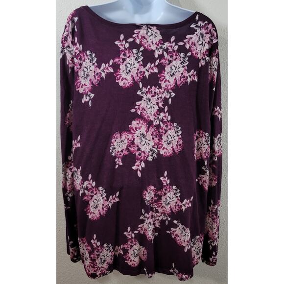 Chico's Burgundy Floral Print Round Neck Top 3 XL Lightweight Stretchy Soft - Picture 2 of 6